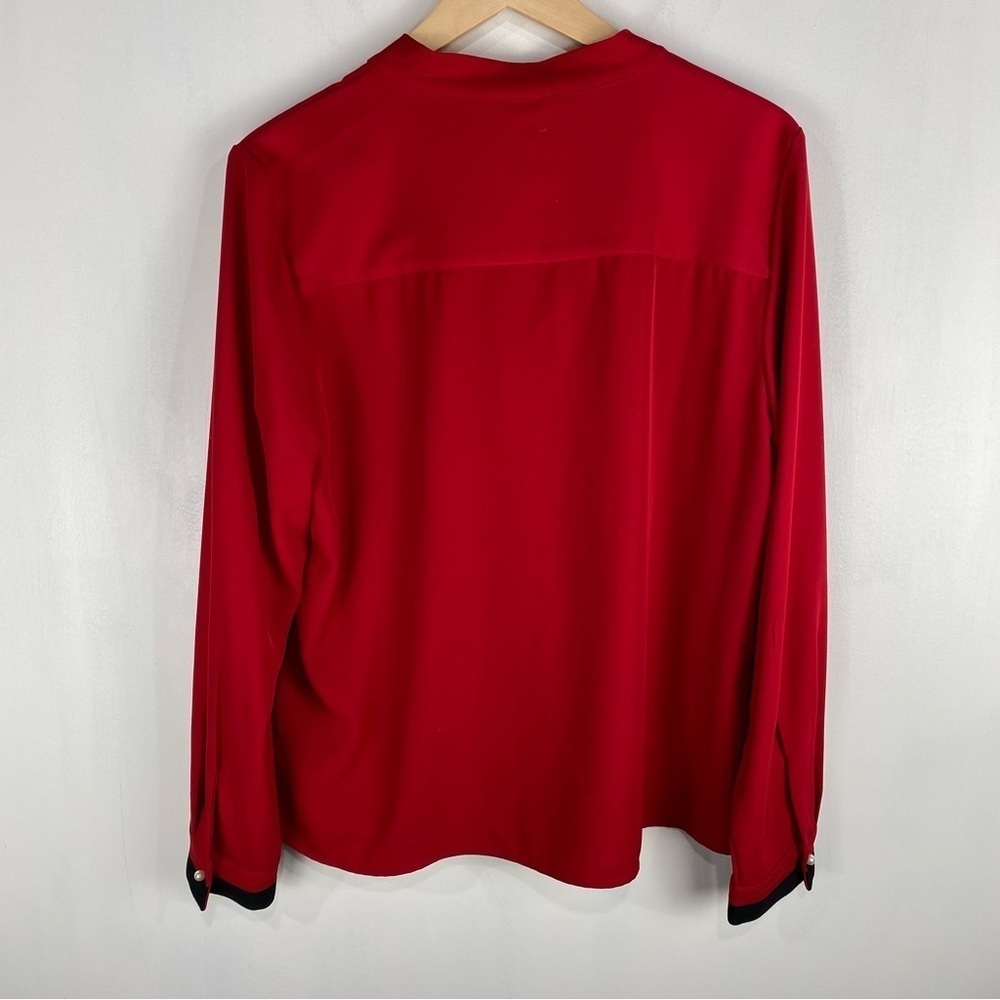 Calvin Klein Ruffle Tie Pearl Button Up Down Blouse Red Black Size Medium (NWOT) - Picture 6 of 6